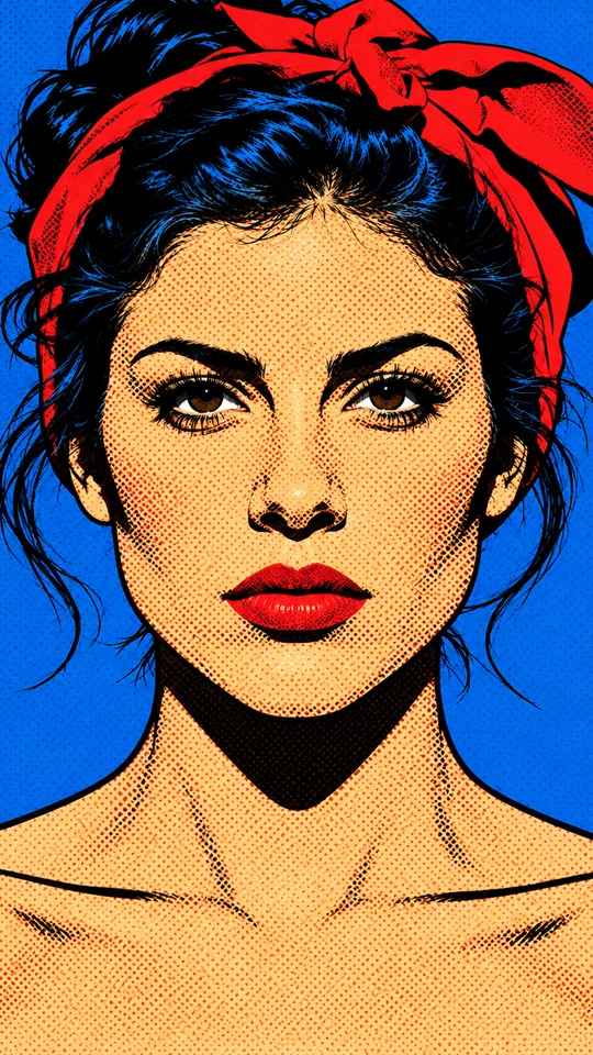 Dieselbe Frau als Pop-Art-Druck mit dicken Konturen und Rasterpunkten