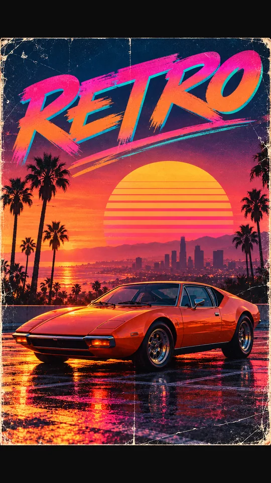 Derselbe Wagen auf einem Achtziger-Plakat mit gestreifter Sonne und Schriftzug RETRO
