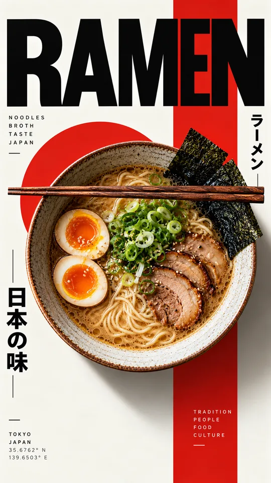 Dieselbe Ramen-Schale als Plakat im Schweizer Stil mit großer Headline RAMEN, rotem Kreis und Raster