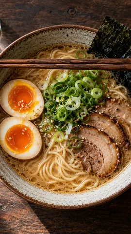 Ramen-Schale von oben auf dunklem Holztisch