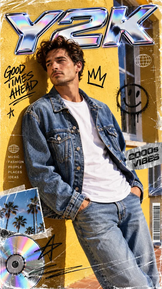 Derselbe Mann auf einem Y2K-Magazincover mit Chromschrift, Stickern und CD