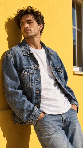 Mann in Jeansjacke lehnt an einer gelben Hauswand